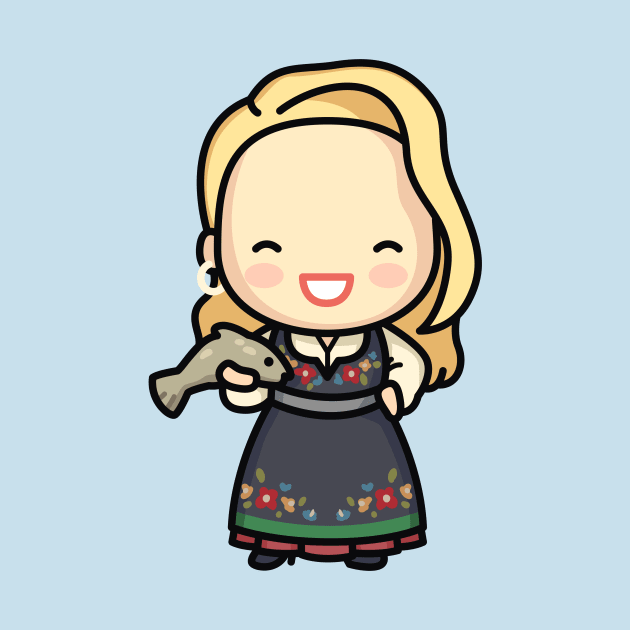 Cute Norwegian Girl in Traditional Dress with Fish by SLAG_Creative