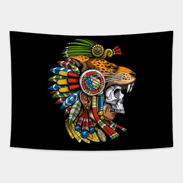 Aztec Jaguar Skull Warrior Tapestry by underheaven