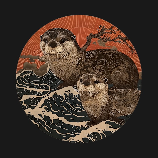 Otter with Baby Ukiyo Japanese Style by Vlaa