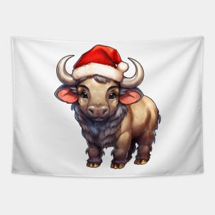 African Cape Buffalo in Santa Hat Tapestry