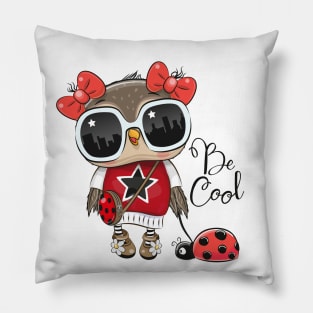 Cute fashion owl wearing sunglasses with a ladybug on a leash Pillow