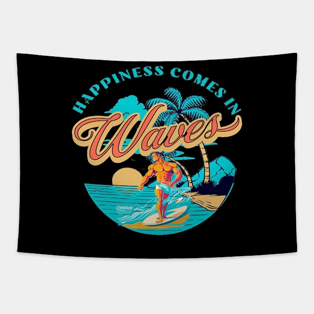 Happiness Comes In Waves, Hello Summer Vintage Funny Surfer Riding Surf Surfing Lover Gifts Tapestry by Customo