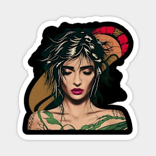 Black Hair and Tattoos Resembling Green Foliage on Their body, with Their Facial Features Obscured Magnet