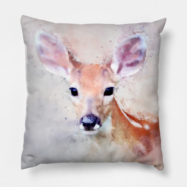 Dramabite Watercolor deer fawn roe elk bird artsy artistic painting wildlife Pillow by dramabite