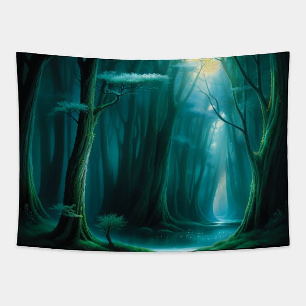 Spooky Dense Forest with a River Tapestry by CursedContent