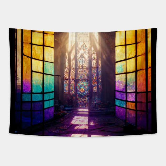 Stained Glass Glowing Cathedral Tapestry by Moon Art