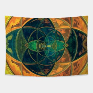 Mosaic Kaleidoscope Flower Blue Green Orange and Yellow Tapestry