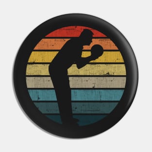 Bowling Silhouette On A Distressed Retro Sunset design Pin