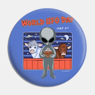 World UFO Day cute alien with cake and cows orange Pin