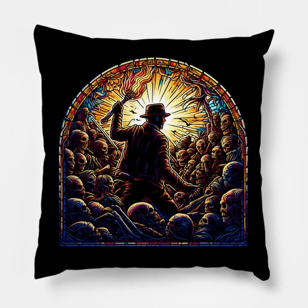 Epic Explorer in Mystical Crypt - Stained Glass - Vintage Adventure Pillow by Fenay-Designs