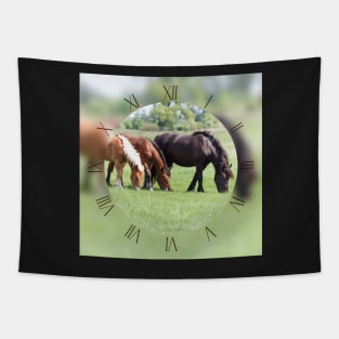 Three horses grazing on pasture Tapestry