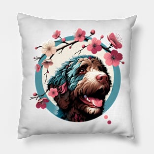 Spanish Water Dog Enjoys Spring's Cherry Blossoms Pillow