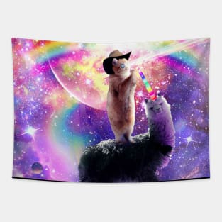 Laser Galaxy Space Cat On Rainbow Llama Unicorn Tapestry