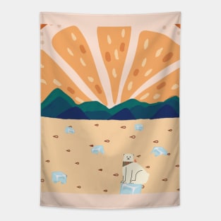 Polar bear on orange sea Tapestry