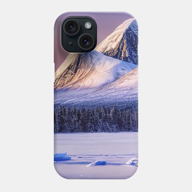 View of the giant mountains that are behind the icy lake and the winter forest Phone Case by Alekxemko