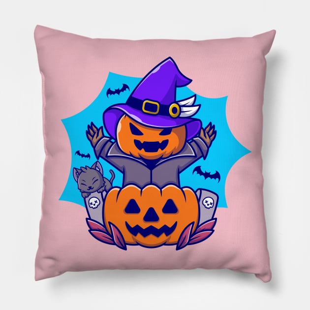 Cute Witch Pumpkin Halloween With Cat And Bat Cartoon Pillow by Catalyst Labs