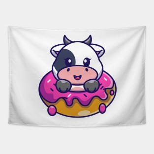 Cute baby cow with doughnut cartoon Tapestry