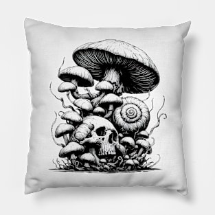 Monochromatic Skull Snail Shell Overgrown Mushrooms Pillow