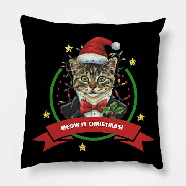 Meow Christmas with tuxedo Cat Pillow by QuantArt