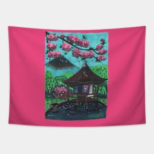 Japanese House by the Mountain Tapestry