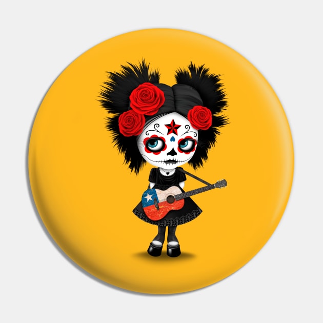 Sugar Skull Girl Playing Chilean Flag Guitar Pin by jeffbartels