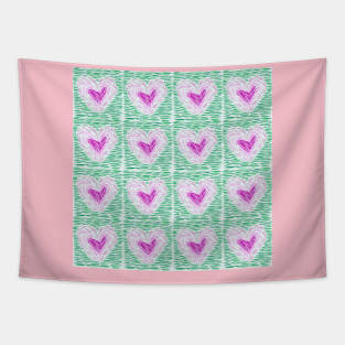 Heart pattern  with purple and green colors filled with lines Tapestry