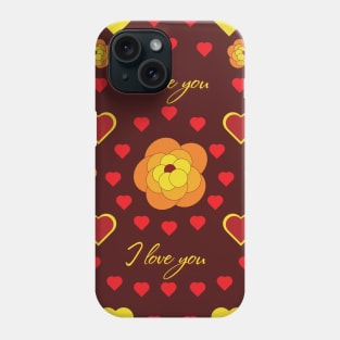 Golden flowers on a red background and a heart with the words "I love you". St. Valentine's Day. Phone Case