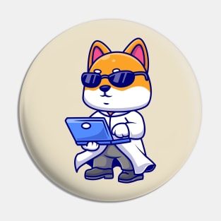 Cute Shiba Inu Dog Proffesor With Laptop Cartoon Pin