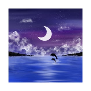 Night time seascape with jumping dolphins T-Shirt