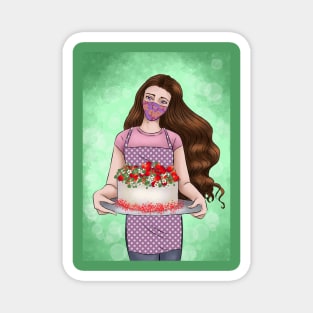 Girl with floral facemask with Christmas cake Magnet