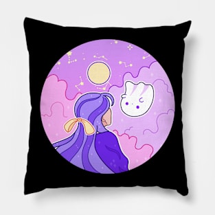 A girl looks at a ghost at night Pillow