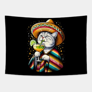 Cat Drinking Margarita Mexican Poncho Cat Lover Tapestry