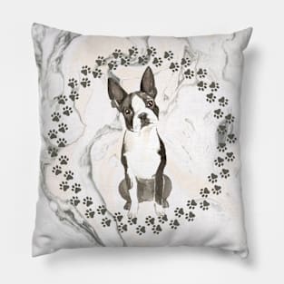 Boston Terrier Paw Prints and Marble  Background Pillow