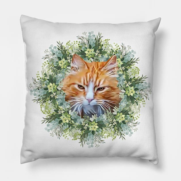 Handsome Orange Tomcat with Leafy Flower Background, Digital Cat Painting Pillow by Cartoon Cosmos