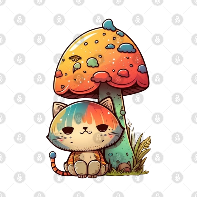 Psychedelic Cat Under Mushroom Cartoon Design by DesginsDone