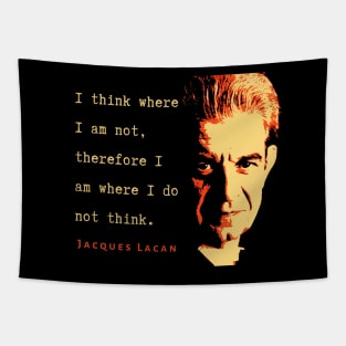 Jacques Lacan portrait and  quote: I think where I am not, therefore I am where I do not think. Tapestry