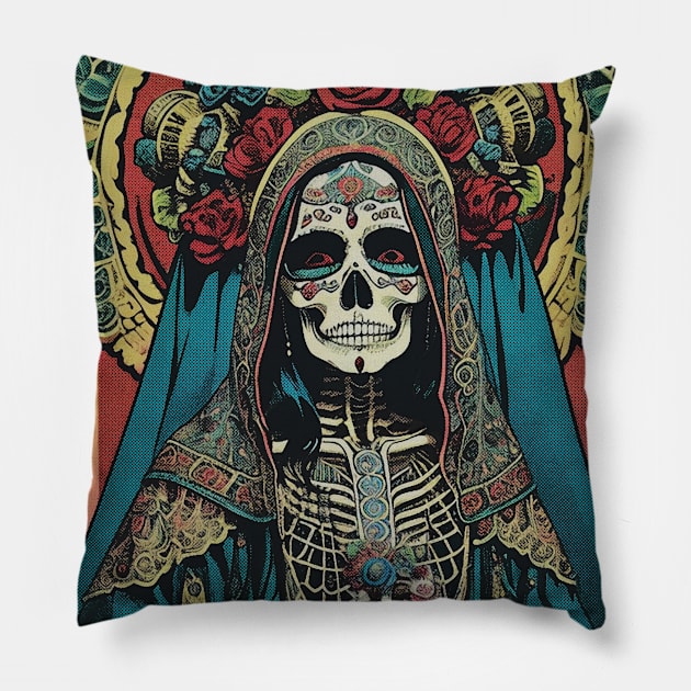 Retro Santa Muerte Pillow by metamorfatic