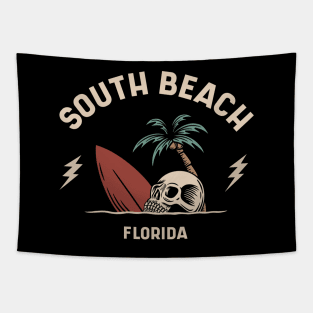 Vintage Surfing South Beach Miami Florida // Retro Surf Skull Tapestry