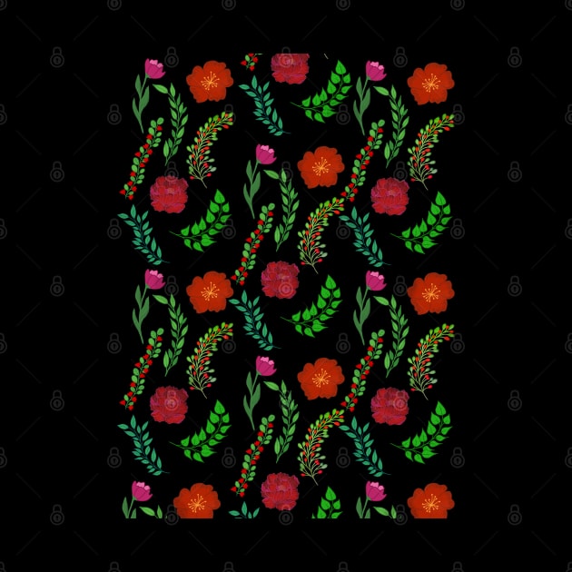 BEAUTIFUL RED PEONY AND POPPY BLOSSOMS WITH PRETTY GREEN LEAVES PATTERN by FLOWER_OF_HEART