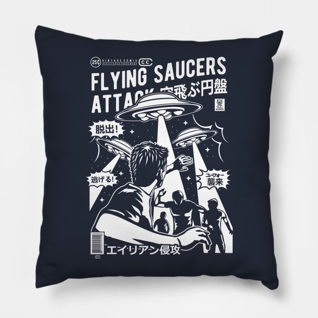 Flying Saucers Attack Pillow by TeeGo