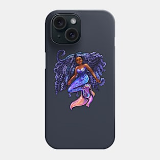 mermaid with flowing shimmering blue black braids  , brown eyes curly Afro hair and caramel brown skin Phone Case