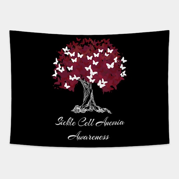 Sickle Cell Anemia Awareness Red Ribbon Tree With Butterflies Tapestry by MerchAndrey