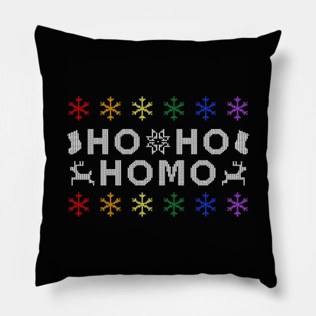 Ho Ho Homo Ugly Sweater (Rainbow) Pillow by Queerdelion