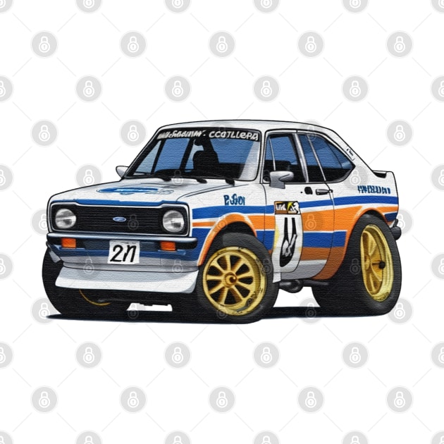 cartoon drawings of Ford Escort MK2 rally car by JnS Merch Store