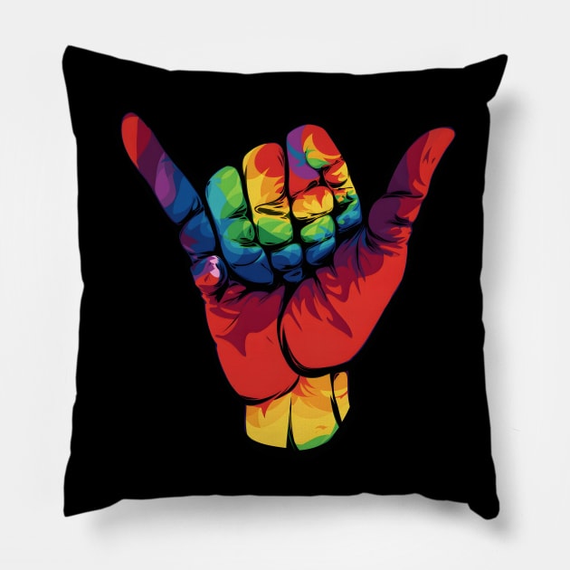 Colorful Hang Loose Surfing Shaka Hand in Tie Die Color Pillow by VisionDesigner