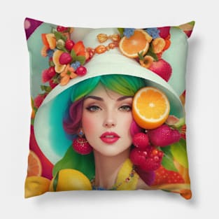 А woman with a white hat and some colorful fruity Pillow