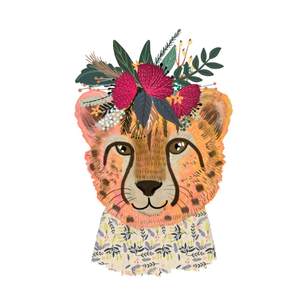 Cute Cheetah with flowers on head, wild animal with floral crown in the jungle by MiaCharro