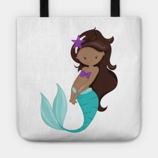 African American Mermaid, Brown Hair, Starfish Tote