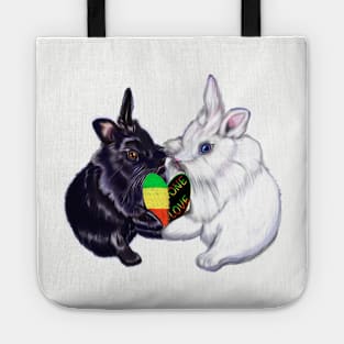 Reggae bunnies - bunny rabbits holding a love heart shape - pair of cute furry ebony and snow colored coloured lionhead bunny rabbit Tote