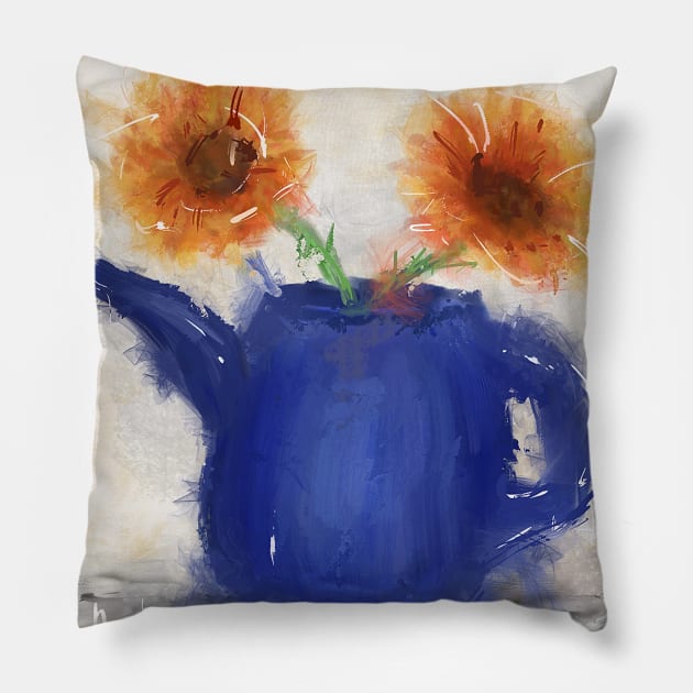 An Artistic Painting of a Blue Watering Can with 2 Orange Flowers Pillow by ibadishi